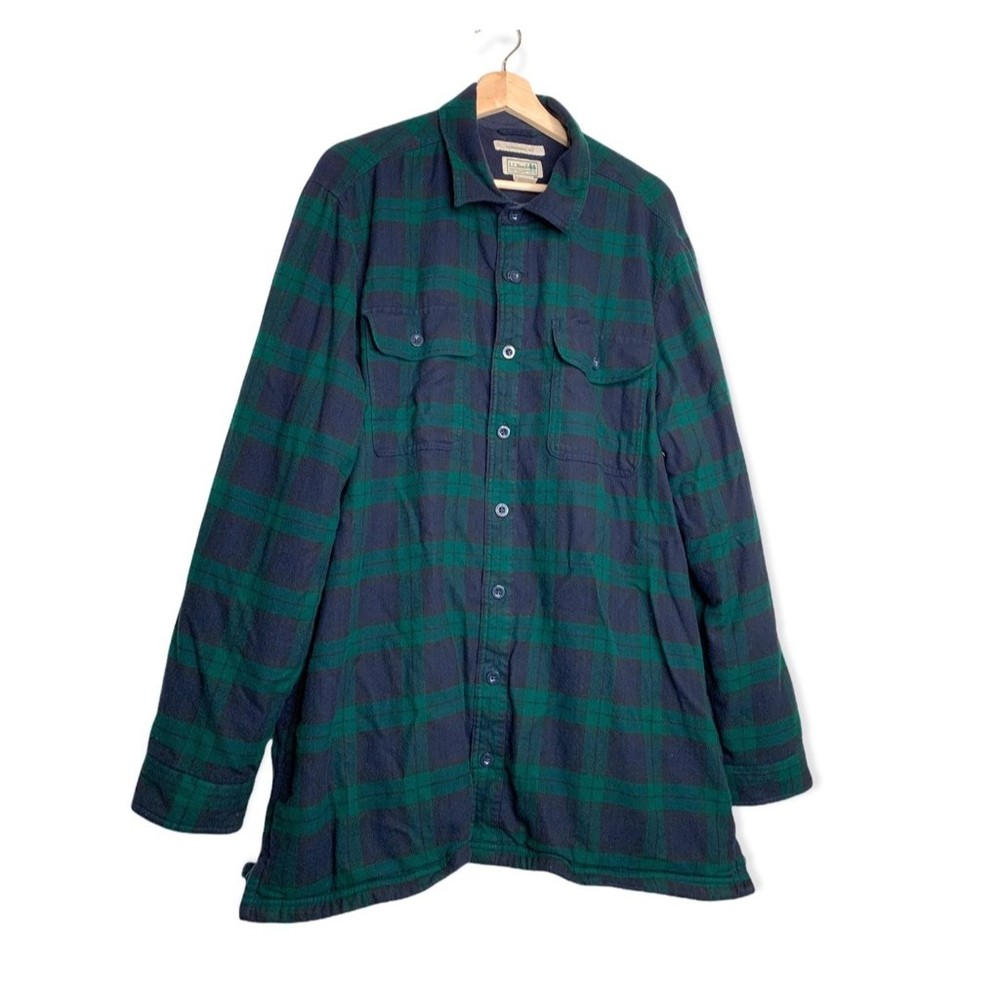 L.L. Bean Mens Shirt Jacket Green Blue Plaid Fleece Lined Pockets Collar XLTall